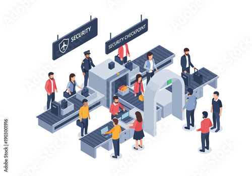 People undergoing security checks at an airport, viewed from above, showcasing scanners, queues, and security personnel