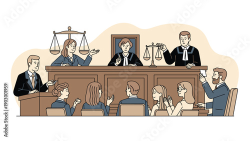 Courtroom scene depicts a judge at the bench presiding over a legal proceeding with a jury and lawyers present in the room.