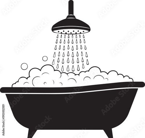 A black and white illustration of a bathtub with a shower head above it. Vector