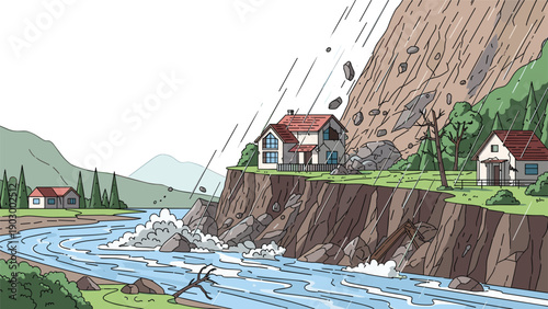 Dramatic illustration shows a landslide with rocks and soil falling from a cliff onto a house near a flooding river during rain.
