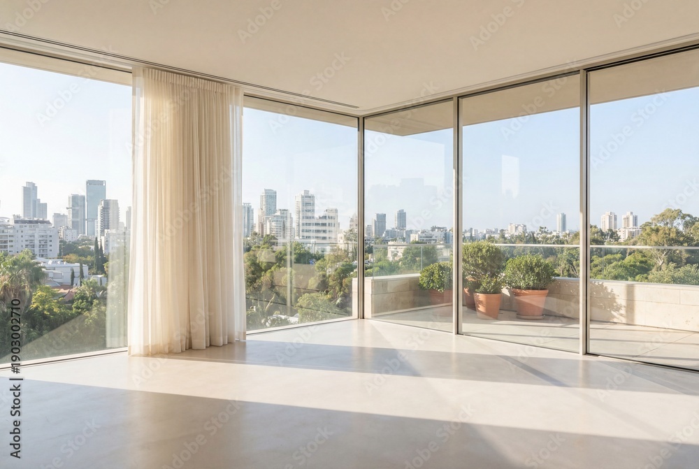 Fototapeta premium Modern empty room with large corner windows overlooking city skyline and balcony plants