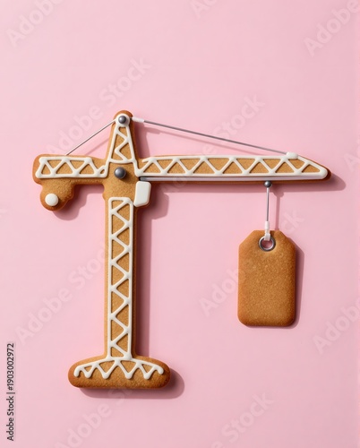 Gingerbread Construction Crane Cookie with Decorative Colorful Tag on Pink Background