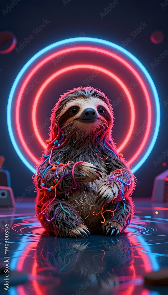 Fototapeta premium Charming Sloth Surrounded by Colorful Neon Lights in a Playful, Artistic Setting