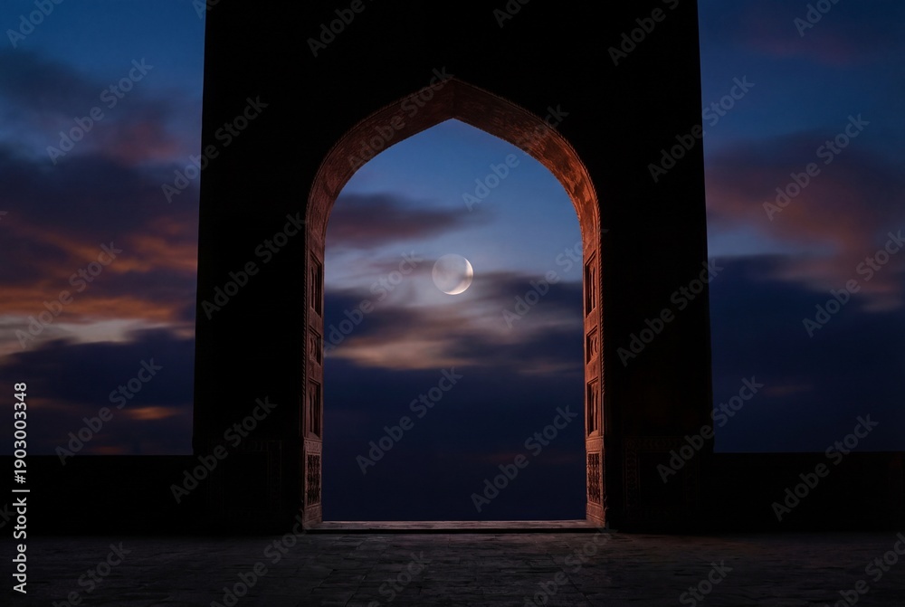 Fototapeta premium Silhouetted mosque arched entrance framing crescent moon at twilight
