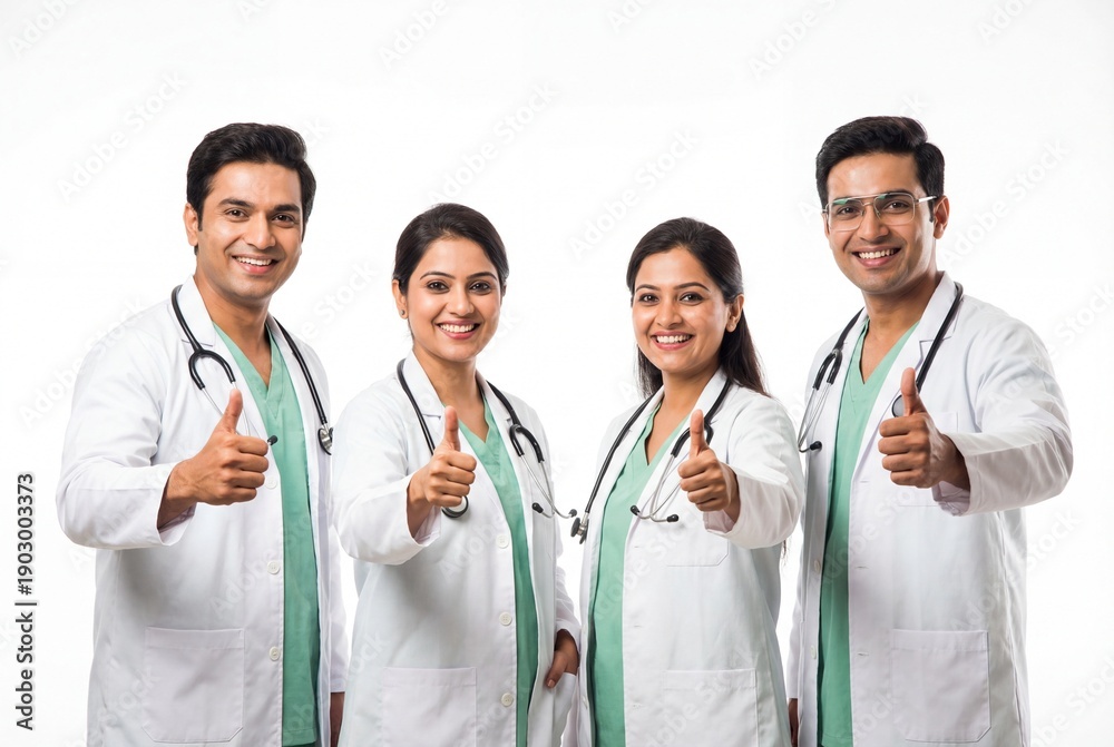 Fototapeta premium Indian Asian doctors team gives thumbs up in medical group
