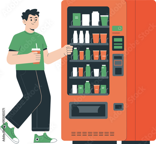 Man buying drink from vending machine modern self service beverage concept flat vector illustration for office public spaces areas design