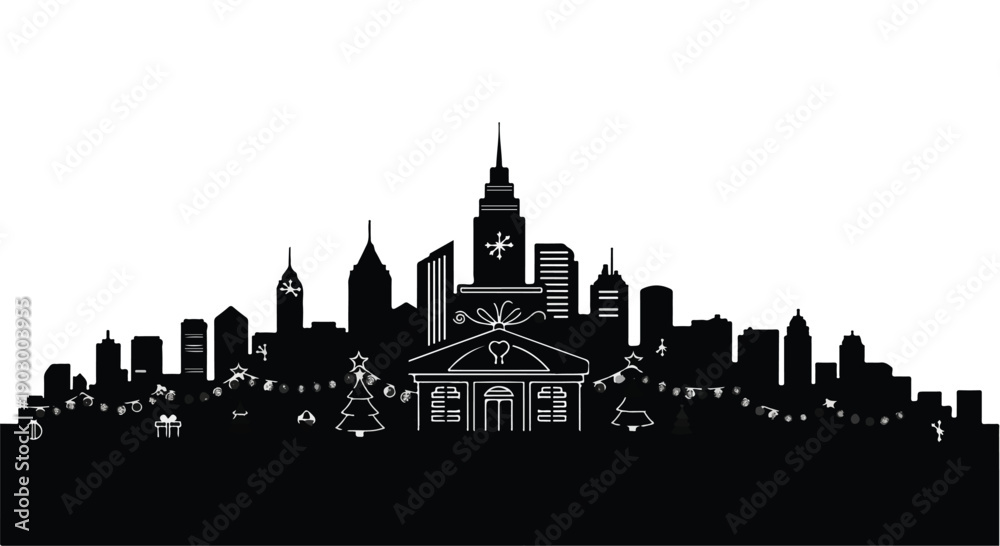 Obraz premium Festive city skyline silhouette adorned with holiday lights and decorations.