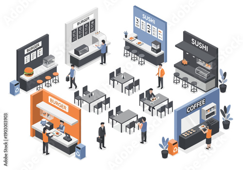 Exhibition booths and people interacting in a modern trade show environment from an isometric viewpoint