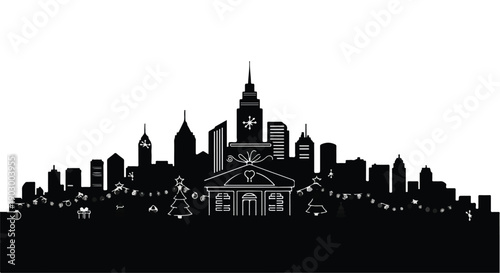 Festive city skyline silhouette adorned with holiday lights and decorations.