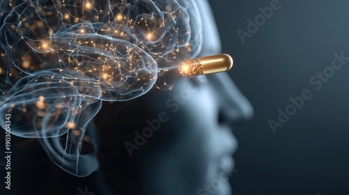 anti-obesity medication concept controlling appetite signals in human brain with subtle neural pathways glowing and medical capsule in foreground