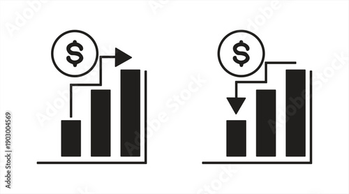 Chart icon with dollar coin and directional arrows, showing growth and decline, vector illustration of business economic growth symbol.

