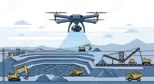 Drone flying over a quarry with heavy machinery and trucks industrial mining site with excavators and construction equipment aerial view of a construction site with a mountain