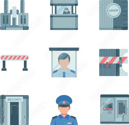 Security and access control icon set with guards checkpoints barriers gates and surveillance equipment flat vector illustration