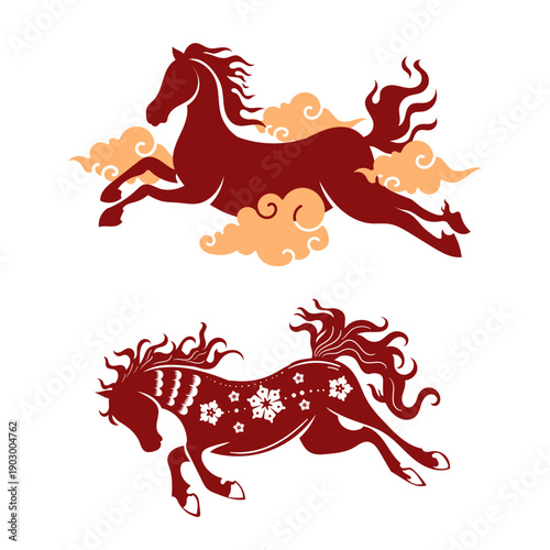 Elegant Chinese Zodiac Horse Silhouette with Traditional Clouds and Floral Pattern