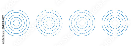 Concentric ripple circles set. Radial signal or vibration elements. Set of sonar waves, signal vibration, radar icon. Collection of circle diagrams divided on segments. eps 10