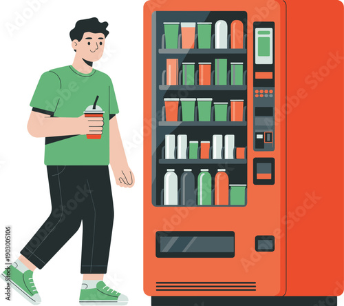 Young man using vending machine to buy cold drink modern self service beverage concept flat vector illustration for office public spaces