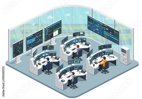 Modern control room with multiple workstations and large screens displaying various data and analytics in an isometric view