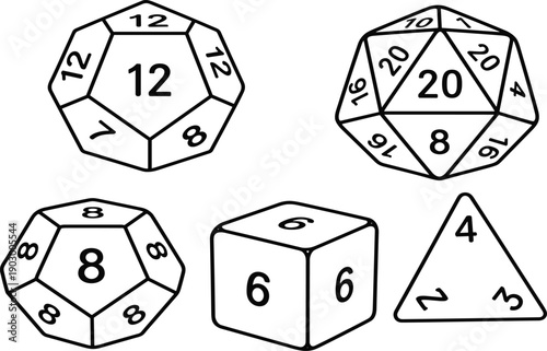 Untitled-1 copyVector illustration of five polyhedral dice used in tabletop RPGs, including d4, d6, d8, d12, and d20 in stylized layout