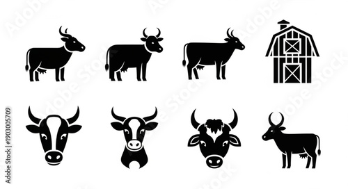 Collection of Cow and Barn Icons Vector Illustration.