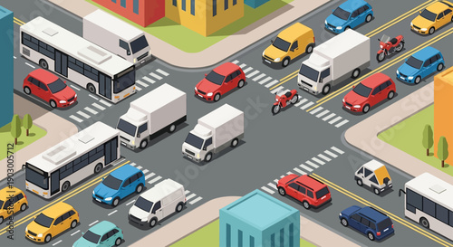 Isometric city intersection with various vehicles and buildings.