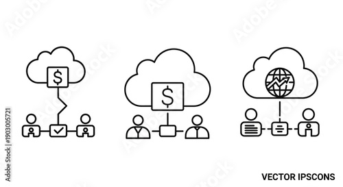 Cloud Computing Icons: Finance, Collaboration, Global Network