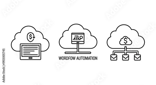 Cloud Computing Icons: Workflow Automation, Data Transfer, Money Management