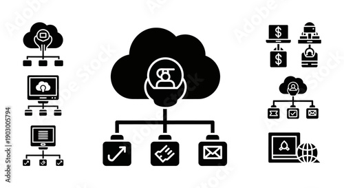 Cloud Computing Network Icons: Data Storage, Security, Finance, Communication