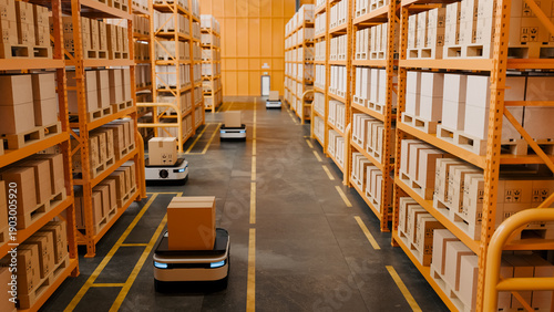 Obraz na plátně Automated warehouse logistics center with autonomous robots moving cardboard boxes