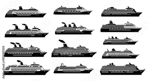 Collection of cruise ship illustrations in black and white.