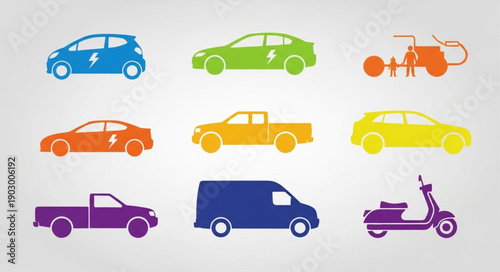 Collection of colorful vehicle icons on a light background.