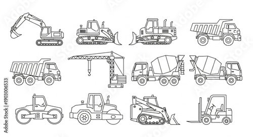 Collection of construction vehicle line drawings on white background.