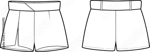 Shorts front back view illustration, fashion design, apparel sketch, technical garment drawing, clothing construction, casual wear style
