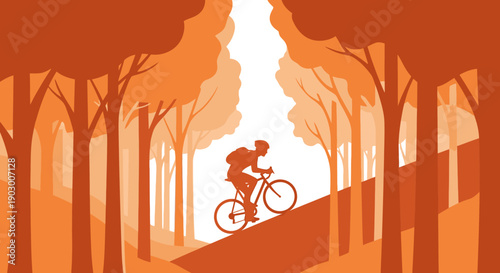 A lone cyclist with a backpack embarks on an uphill journey through a beautifully stylized forest, embracing the challenge and tranquility of nature's path.