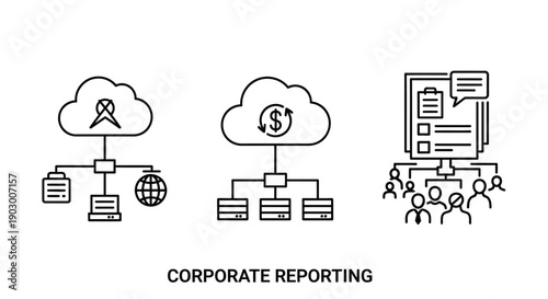 Corporate Reporting Icons: Cloud, Network, Data, Finance, Teamwork