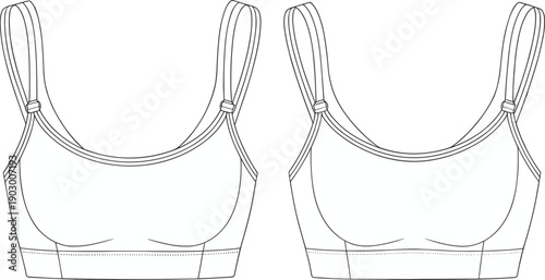 Sports bra front view illustration, fashion design, apparel sketch, technical garment drawing, clothing construction, activewear style comparison