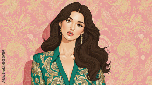 Luxury Fashion Portrait of Woman in Green Silk Garment