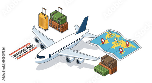 Isometric illustration of an airplane, luggage, boarding pass, and world map for travel.