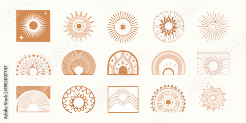 Collection of abstract sunburst and geometric designs in earthy tones