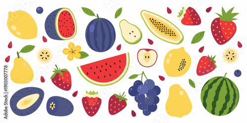 A colorful assortment of various sliced and whole fruits on a white background