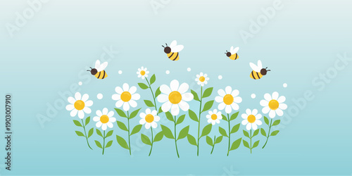 Charming illustration of daisies and bees in a serene garden scene
