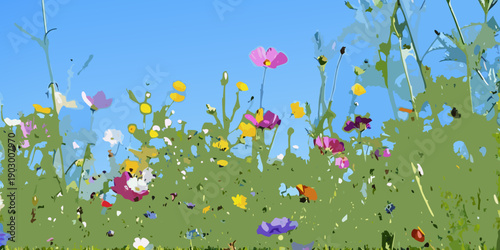 A vibrant field of wildflowers blooms against a clear blue sky