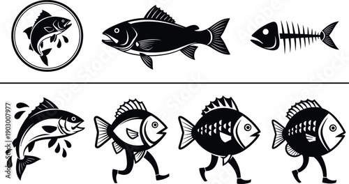 Fish vector icon set, salmon jumping out of water, fish bone skeleton silhouette, walking fish character with legs, seafood restaurant logo,
