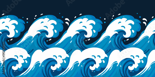 Stylized blue ocean waves in a repeating pattern digital illustration