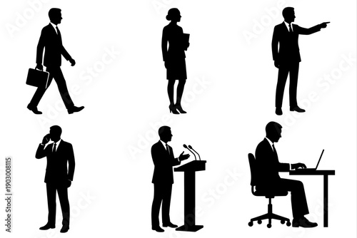 Collection of six black and white business professional silhouettes performing various workplace tasks and communications effectively.