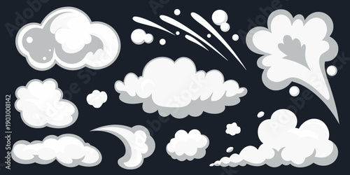 Collection of white cartoon smoke and explosion effects on a black background