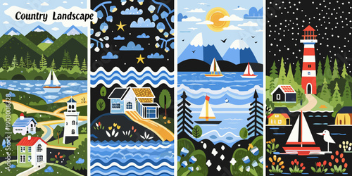 Four illustrated landscape panels depicting seascapes mountains and buildings