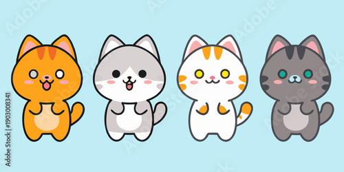 Four adorable cartoon cats waving with cheerful expressions