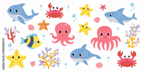 Cute cartoon sea creatures and marine life illustrations on a white background