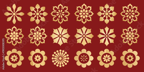Golden floral patterns arranged in a grid on a red background