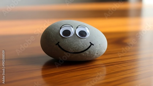 A happy face drawn on a stone with googly eyes.